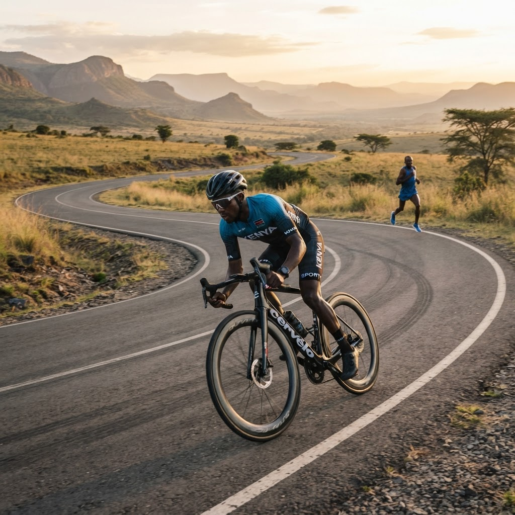East African cyclist cornering on a highland road at golden hour with a distance runner training in the background